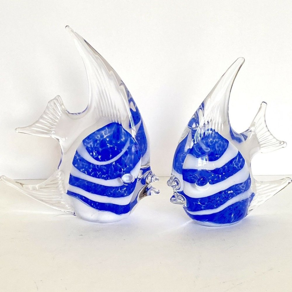 Glass Kissing Fish Sculpture Pair Blue White